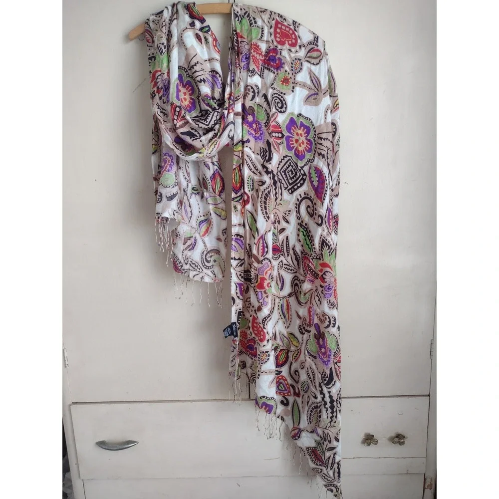 TOLANI Women 100% Silk Scarf Shawl Purple Multi Geometric Fringe Floral Ethnic